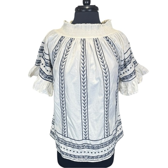 White & Navy Embroidered Cotton Smocked Bohemian Peasant Blouse Size XS - Picture 1 of 5